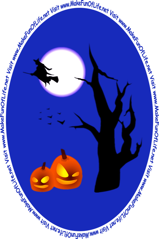 Picture of a witch flying through the sky on a broom with the Moon in the background, 7 flying bats in the sky, and 2 glowing orange jack o’lantern pumpkins next to a tree below them. To visit the scary fun Halloween Page click or tap on this picture.