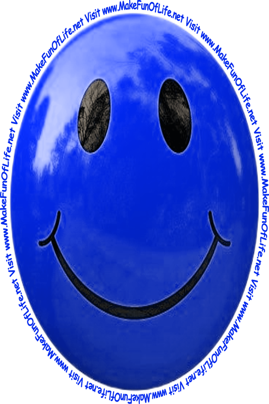 Picture of a medium dark blue smiley face and the words, 'Visit www.MakeFunOfLife.net.'