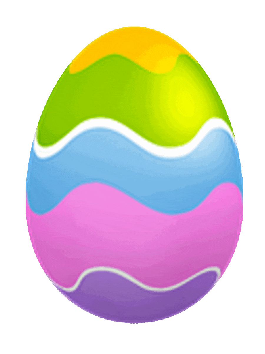 Picture of a decorated Easter egg with horizontal strips of yellow, green, white, blue, pink, and purple color.