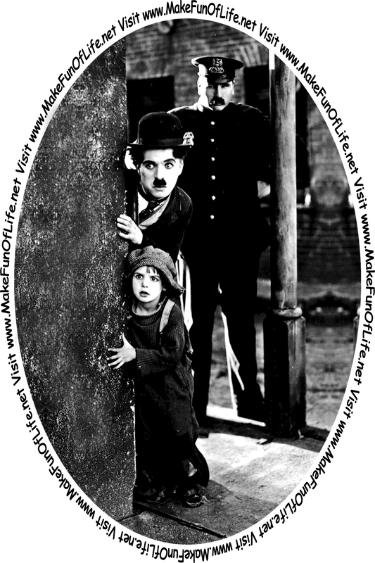 Scene from the 1921 black and white silent movie, “The Kid,” starring Charlie Chaplin as The Tramp and Jackie Coogan as The Kid, in which the two are peering around the corner of a building while trying to evade a police officer, unaware that the police officer is standing just behind them.
