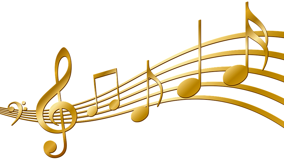 Picture of gold-colored musical notes positioned just above the music or audio controls including the on button and the off button.