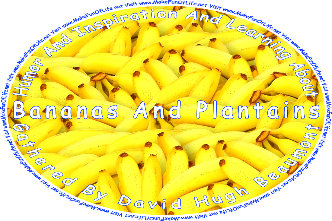 Picture of a ripe yellow bananas, and the words, ‘“Humor And Inspiration And Learning About Bananas And Plantains” Gathered By David Hugh Beaumont - Visit www.MakeFunOfLife.net.’