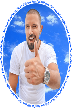 Picture of a happy smiling winking man with thumb up hand gesture and with blue sky and fluffy white clouds in the background.
