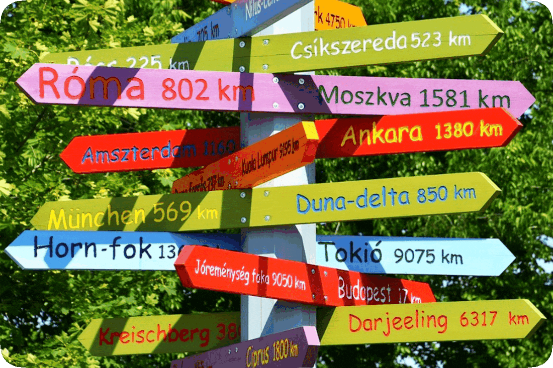 Picture of a sign post with several attached arrow-shaped signs with names of cities and the travel distance to them, as for example, Ankara 1,380 kilometers and Duna-delta 850 kilometers.