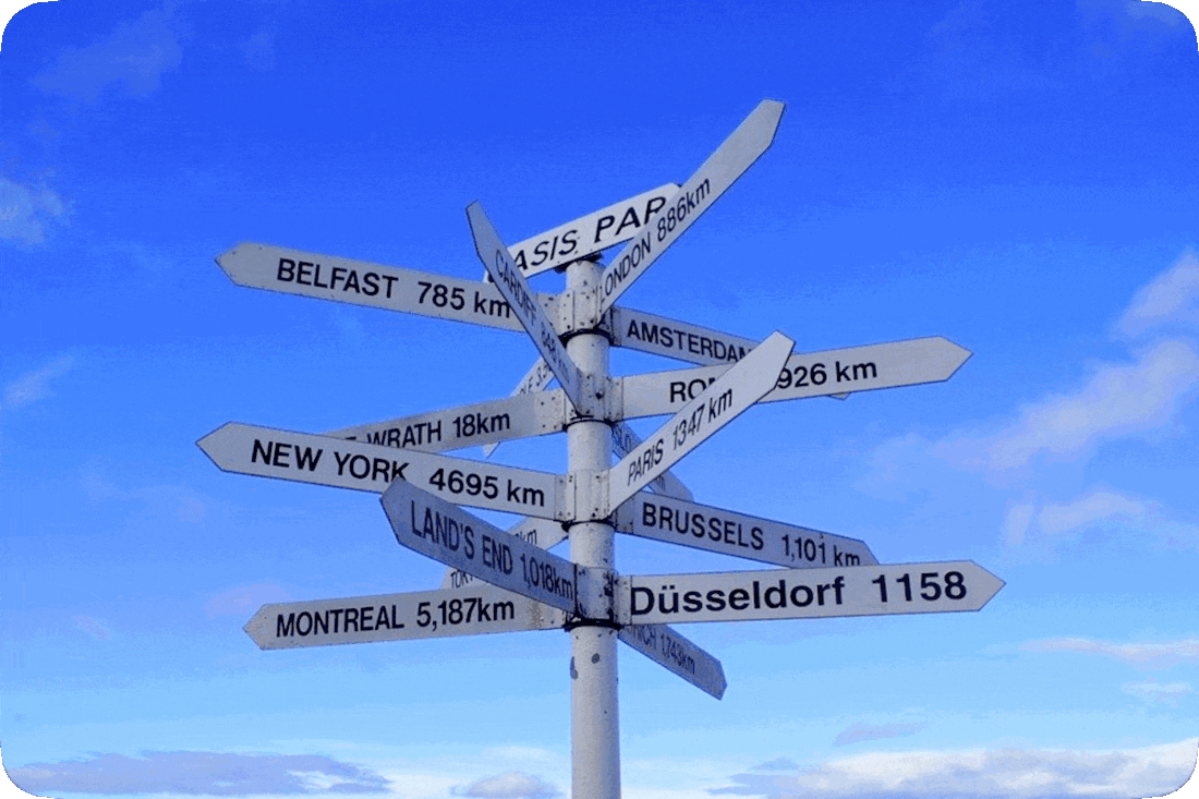 Picture of a sign post with several attached arrow-shaped signs with names of cities and the travel distance to them, as for example, Belfast 785 kilometers and Montreal 5,187 kilometers.