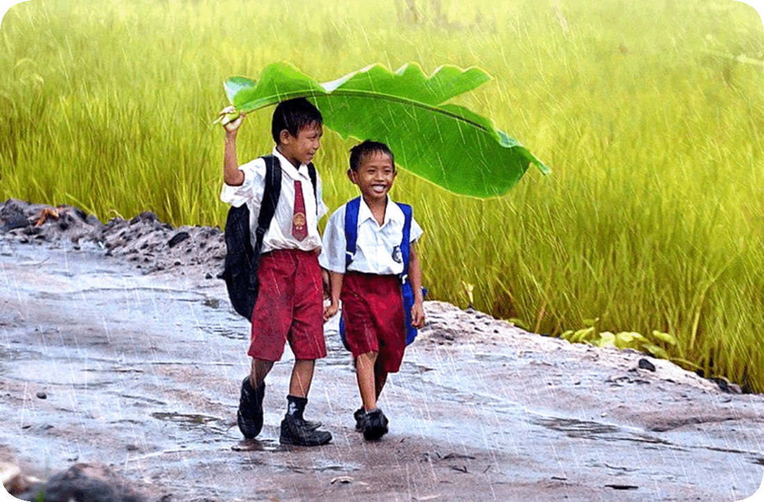 Picture of two happy smiling boys walking in the rain, and using a large green banana plant leaf as an umbrella.