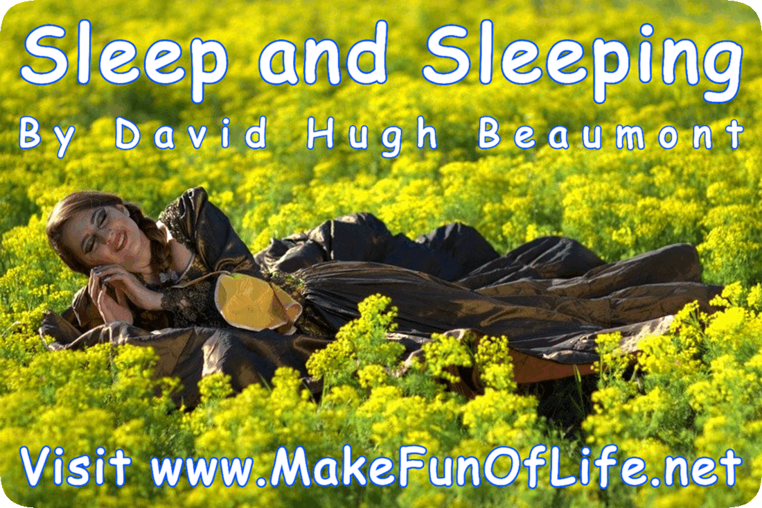 Picture of a woman lying asleep in a field of flowers and the words ‘Sleep and Sleeping, By David Hugh Beaumont, Visit www.MakeFunOfLife.net’