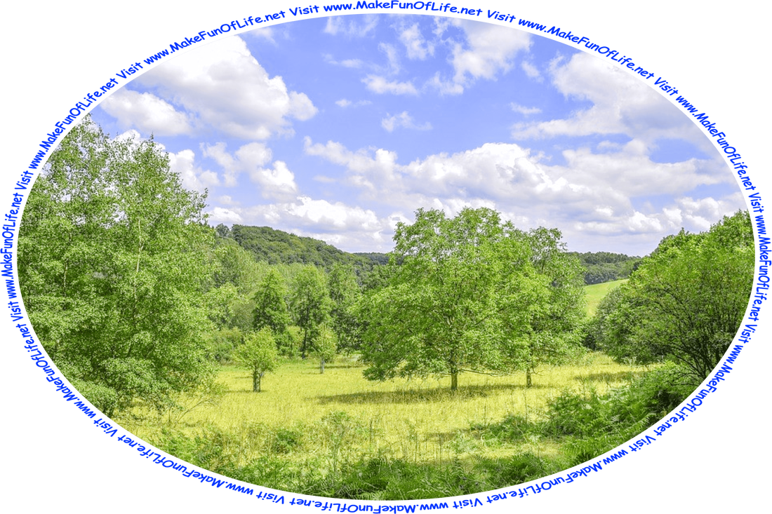 Picture of a woodland area with green leafy trees, open areas of green grass, gently rolling hills, blue sky, white fluffy clouds, and the words, ‘Visit www.MakeFunOfLife.net.’