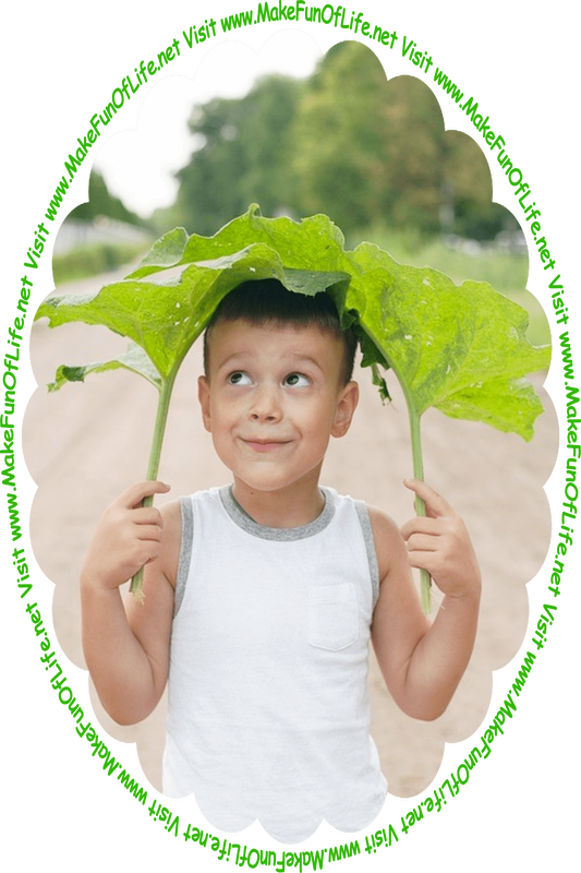 Picture of a happy smiling boy holding two big green burdock plants leaves by the stems, over his head like a hat or umbrella or a parasol sunshade, and the words, ‘Visit www.MakeFunOfLife.net.’