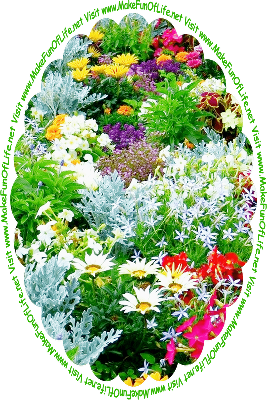 Picture of a variety of ornamental plants with frosty-blue and bright green colored leaves and a variety of flowering plants with blossoms in white, yellow, orange, lavender, pink, and red, and the words, ‘Visit www.MakeFunOfLife.net.’