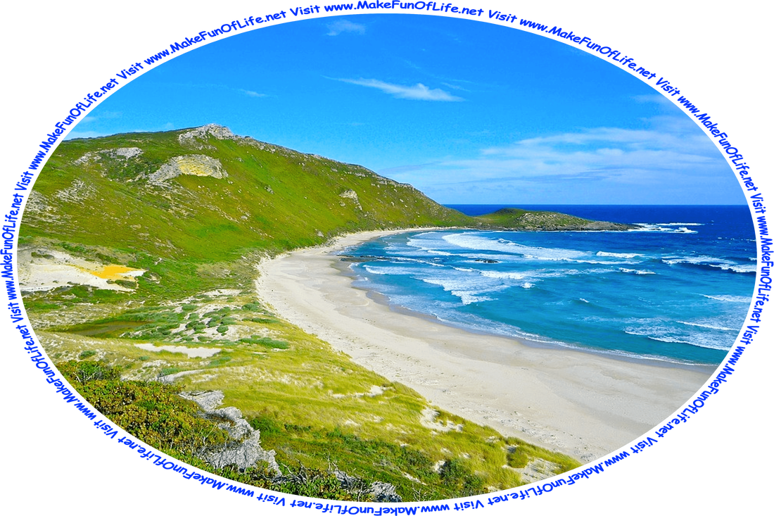 Picture of the New Zealand Coastline, with gently rolling waves lapping a sandy beach, a blue sky with hazy clouds overhead, and the words, ‘Visit www.MakeFunOfLife.net.’