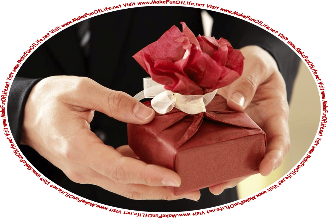 Picture of a pair of human hands holding a small box wrapped in red paper and tied with a white ribbon, and the words, ‘Visit www.MakeFunOfLife.net.’