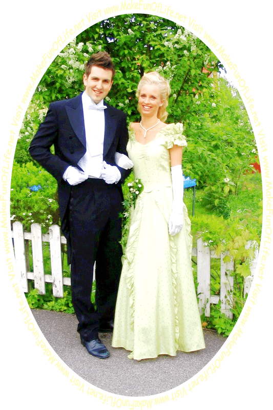 Picture of a happy smiling man in a dark blue tuxedo, standing in front of a white picket fence under a tree, next to a happy smiling woman in a pale yellow gown, and the words, ‘Visit www.MakeFunOfLife.net.’