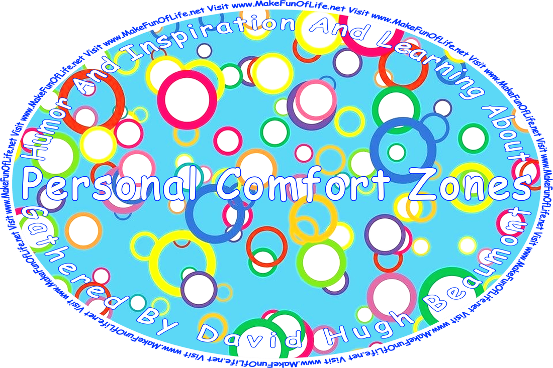 Picture of different colored circles with different colored borders arranged randomly on a blue background, and the words, ‘“Humor And Inspiration And Learning About Personal Comfort Zones” Gathered By David Hugh Beaumont - Visit www.MakeFunOfLife.net.’
