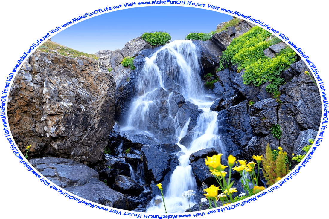 Picture of a small waterfall over a rock outcropping, with clusters of small green plants, flowering plants with yellow blossoms, a clear blue sky above, and the words, ‘Visit www.MakeFunOfLife.net.’
