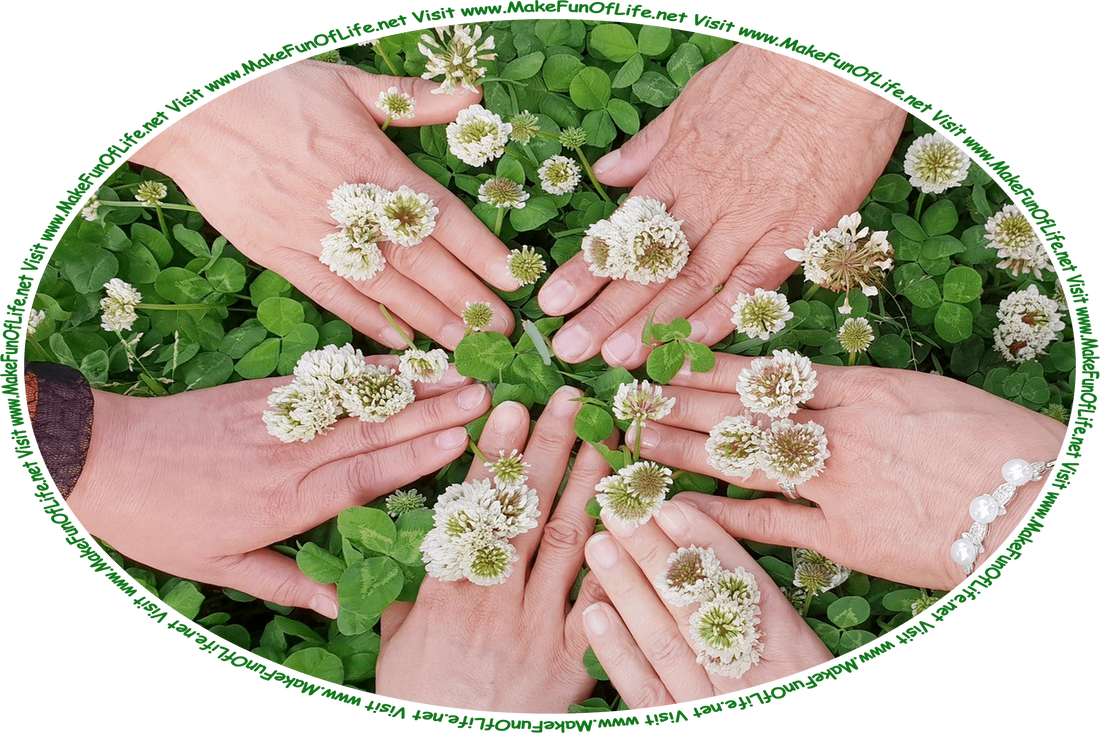 Picture of three people’s hands palms down on a bed of leafy green clover plants, with white clover blossoms on their plant stems poking up between the people’s fingers, and the words, ‘Visit www.MakeFunOfLife.net.’