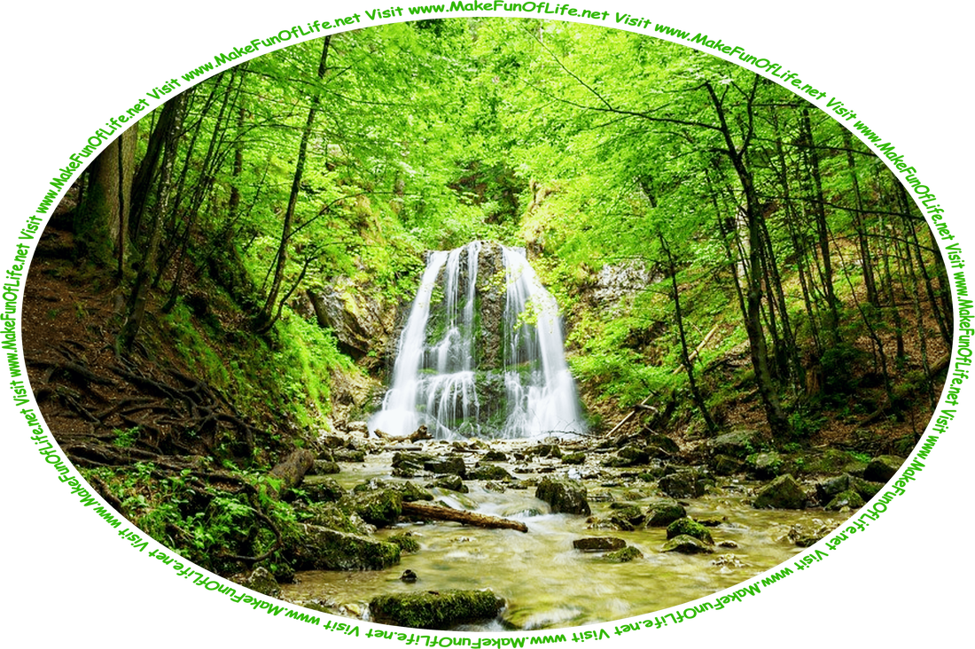 Picture of a waterfall in a dense forest of green leafy trees, and the words, ‘Visit www.MakeFunOfLife.net.’