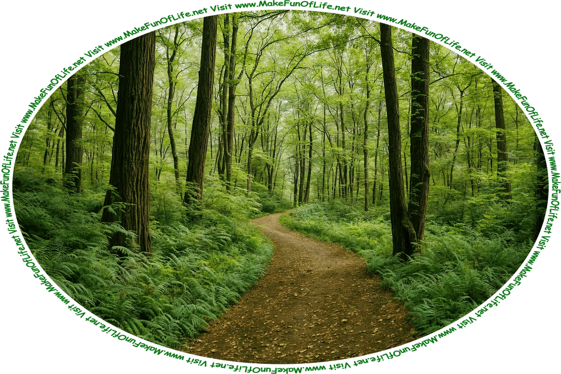 Picture of a winding dirt path through a woods of leafy green trees and ferns, and the words, ‘Visit www.MakeFunOfLife.net.’