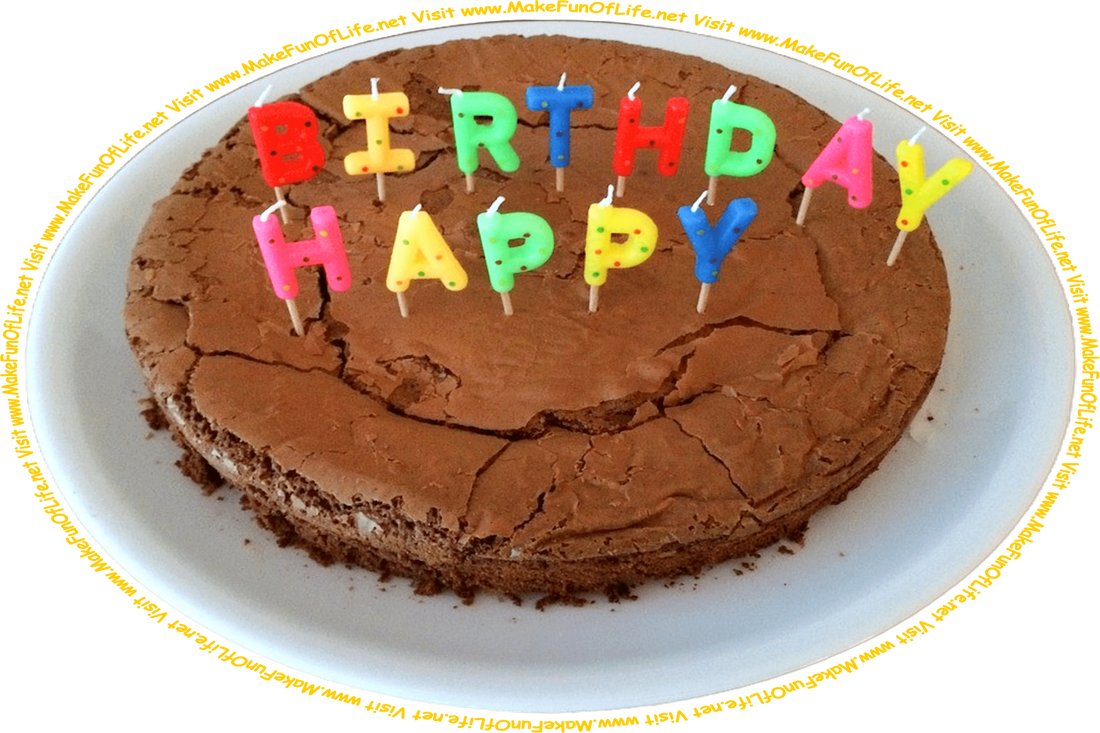 Picture of a plain cake with no frosting on a dinner plate and letter-shaped candles spelling, Birthday Happy’ placed somewhat haphazardly on the cake, and the words, ‘Visit www.MakeFunOfLife.net.’
