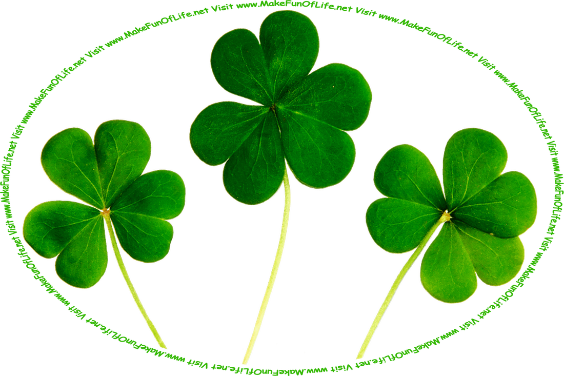 Picture of three three-lobed clover leaves with stems, and the words, ‘Visit www.MakeFunOfLife.net.’