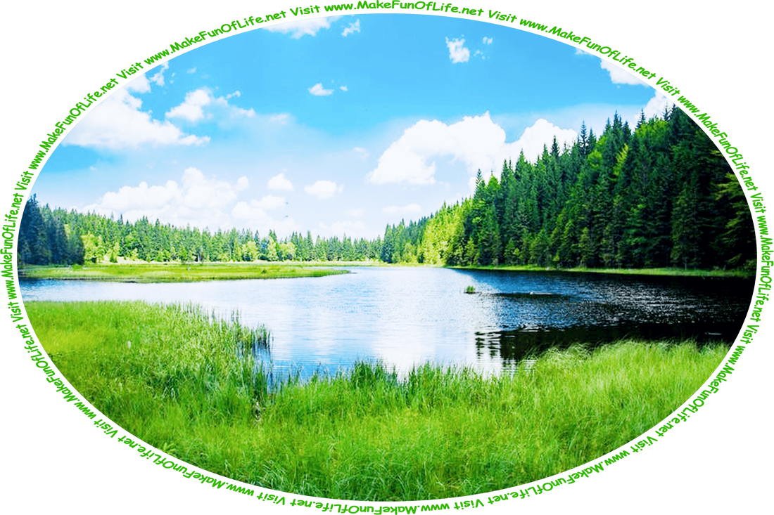Picture of a lake in a wilderness, surrounded by thick green grass and evergreen trees, a blue sky with fluffy white clouds above, and the words, ‘Visit www.MakeFunOfLife.net.’