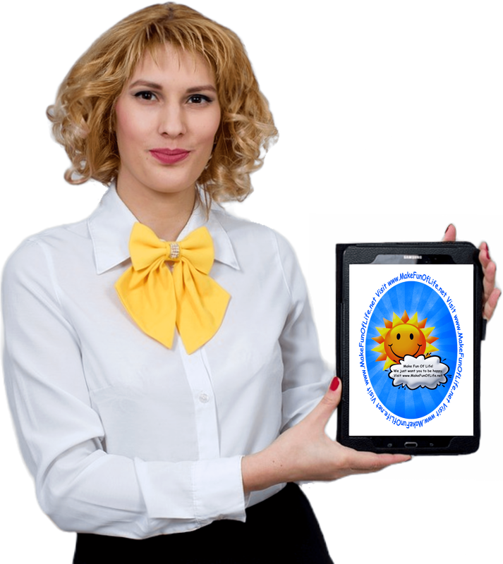 Picture of a woman holding a computer tablet displaying the Make Fun Of Life! logo, which is the happy smiling Sun peeking out from behind a cloud.