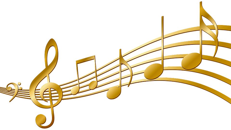 Picture of gold-colored musical notes positioned just above the music or audio controls including the on button and the off button.