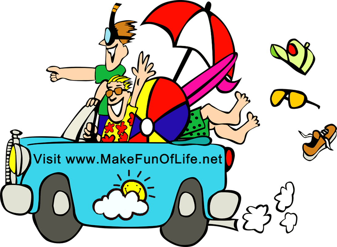 Picture of 3 men in an old blue convertible-top car with the driver smiling and waving and the front seat passenger standing on the seat and pointing forward. In the vehicle is a beach umbrella, an inflatable beach ball, and a surfboard. Painted on the outside of the car are the words, ‘Visit www.MakeFunOfLife.net’ with a happy smiling Sun partially obscured by a cloud.