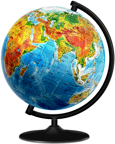 Picture of a globe mounted on a base so that it can be spon around to show different parts of the world, including countries and seas, with the place names printed on the globe.