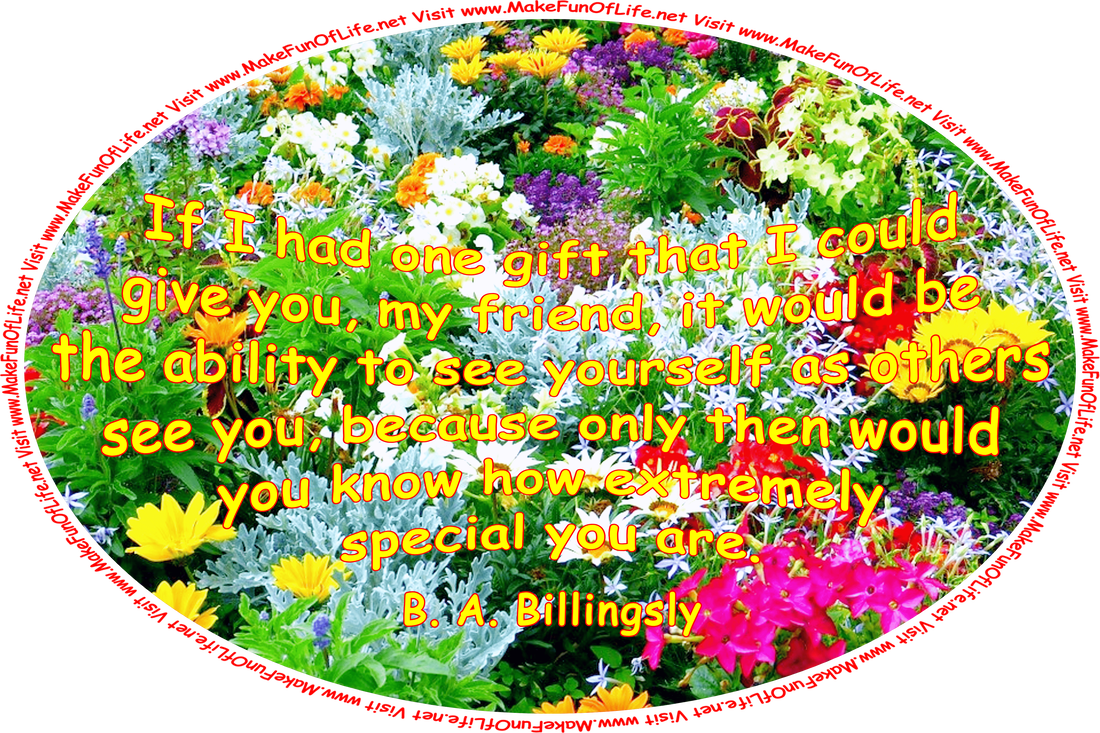 Picture of a variety of flowering plants, with yellow, orange, pink, blue, purple, and white blossoms, and the words, ‘If I had one gift that I could give you, my friend, it would be the ability to see yourself as others see you, because only then would you know how extremely special you are. - B. A. Billingsly - Visit www.MakeFunOfLife.net.’