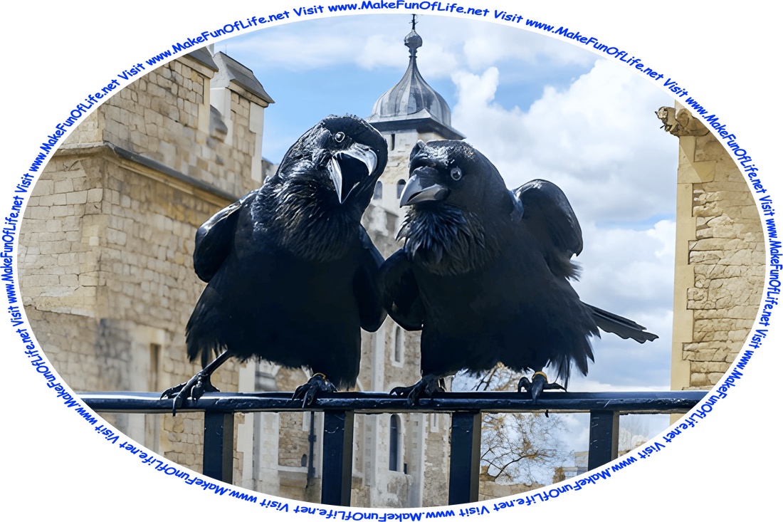 Picture of two ravens perched on an iron railing, with a blue sky and fluffy white clouds in the background, and the words, ‘Visit www.MakeFunOfLife.net.’