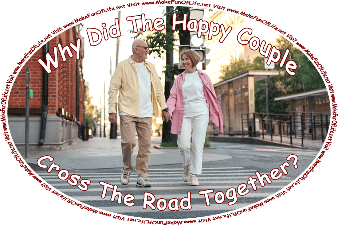 Picture of a happy couple crossing a road in a crosswalk and the words, ‘Why did the happy couple cross the road? Visit www.MakeFunOfLife.net.’