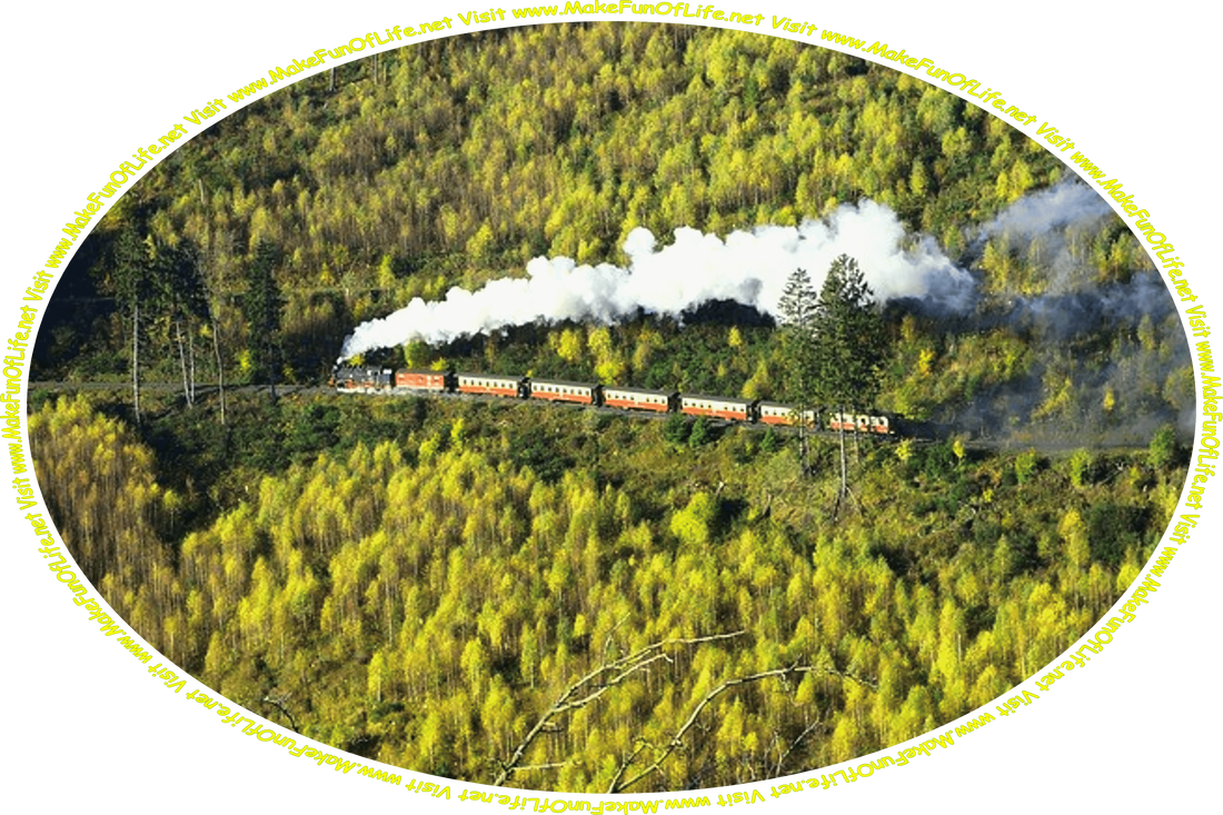 Picture of a passenger train traveling on a railroad through a heavily forested mountainous wilderness, and the words, ‘Visit www.MakeFunOfLife.net.’