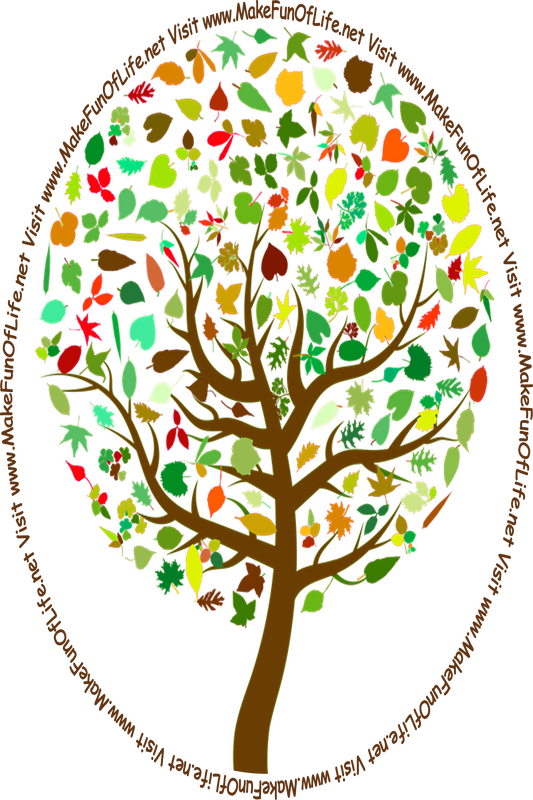 Picture of a tree trunk covered with a variety of leaves in different shapes and shades of color from different types of trees, as though expressing the idea, 'I am every tree.'