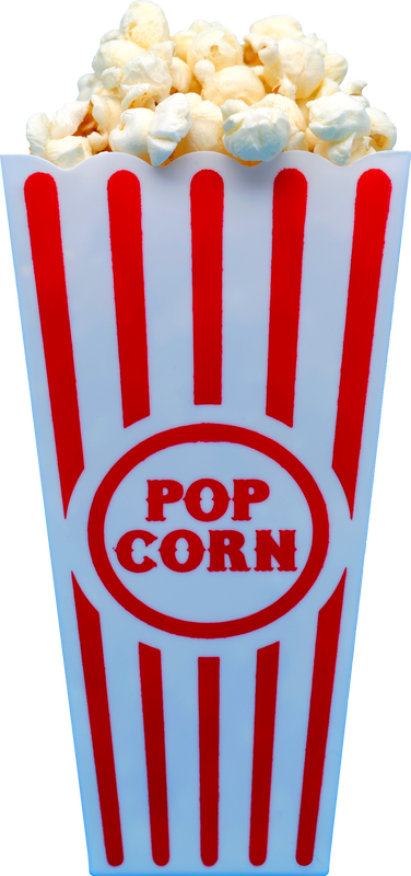 Picture of a red-and-white striped box with the words Pop Corn printed on it and that is filled with popcorn.
