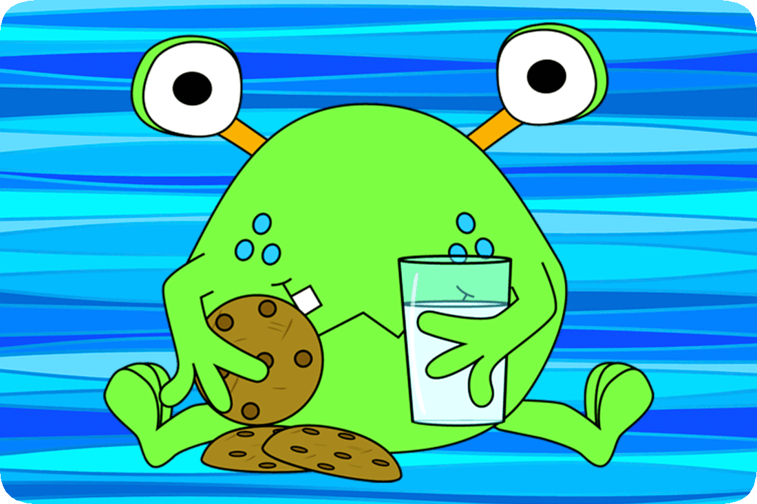 Picture of a happy smiling funny green monster holding a glass of milk and 3 chocolate-chip cookies.