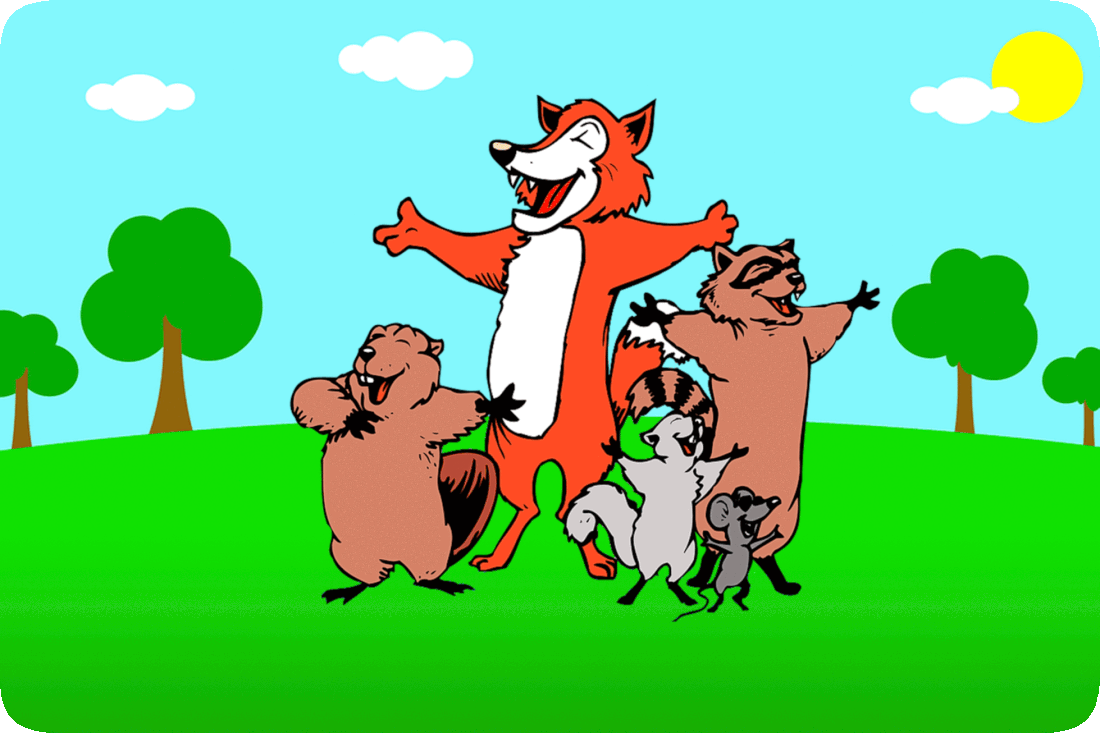 Picture of a beaver, a fox, a squirrel, a raccoon, and a mouse standing up on their back legs and singing, in a green grassy area with green leafy trees in the background, and a blue sky with a yellow sun and white fluffy clouds overhead.