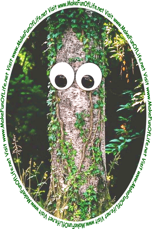 Picture of a tree trunk with green leafy climbing ivy growing on it and a pair of whimsical plastic googly eyes attached to it and the words, 'Visit www.MakeFunOfLife.net.'
