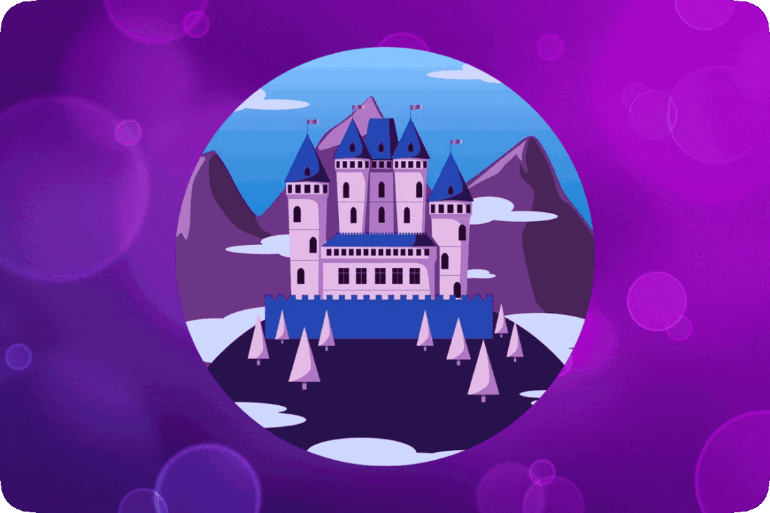 Picture of a purple castle on purple ground surrounded purple trees and purple mountains.
