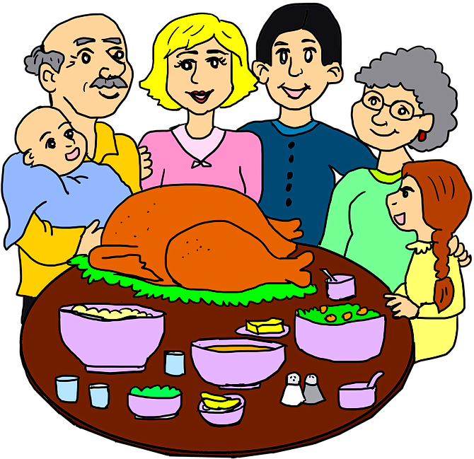Picture of a family gathered around a table with Thanksgiving food on it.