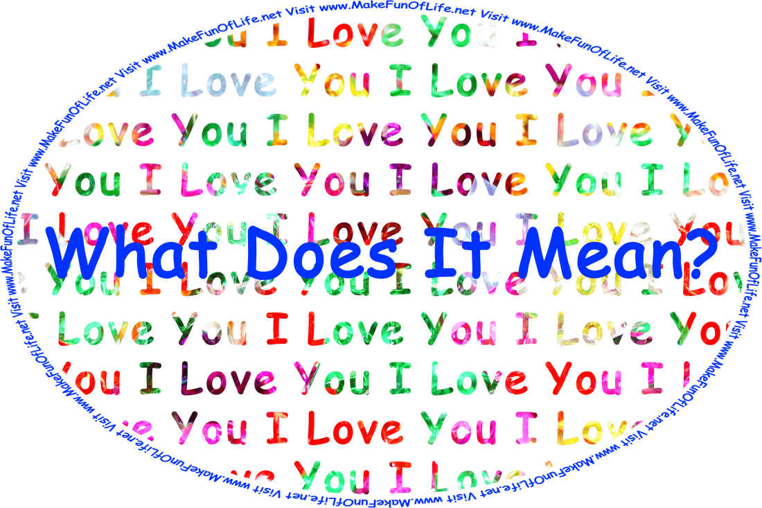 Phrase, ‘I Love You,’ repeated in different colors, over which in larger letters is the sentence, ‘What Does It Mean?’ and the words, ‘Visit www.MakeFunOfLife.net.’
