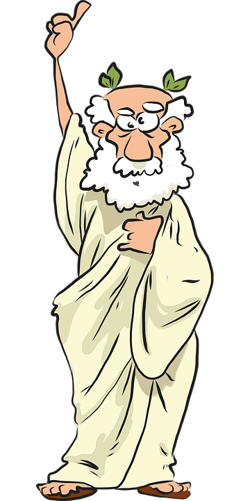 Picture of an ancient Greek philosopher dressed in a toga and wearing a crown of green leaves on his head, while pointing at the quotation above.