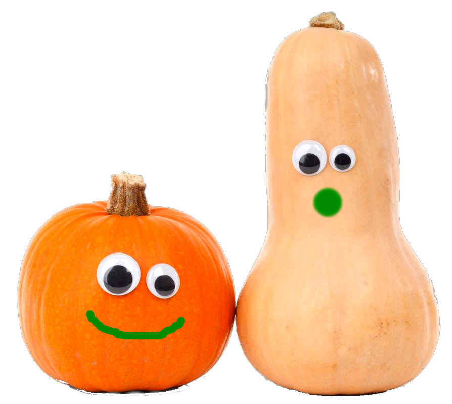 Picture of a pumpkin and a butternut squash with happy smiling faces on them.