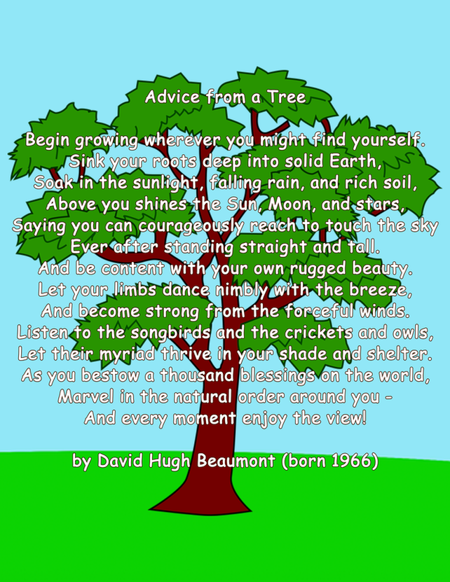 Picture of a tree and the words, 'Advice from a Tree Begin growing wherever you might find yourself. Sink your roots deep into solid Earth, Soak in the sunlight, falling rain, and rich soil, Above you shines the Sun, Moon, and stars, Saying you can courageously reach to touch the sky Ever after standing straight and tall. And be content with your own rugged beauty. Let your limbs dance nimbly with the breeze, And become strong from the forceful winds. Listen to the songbirds and the crickets and owls, Let their myriad thrive in your shade and shelter. As you bestow a thousand blessings on the world, Marvel in the natural world around you - And every moment enjoy the view! by David Hugh Beaumont (born 1966)'