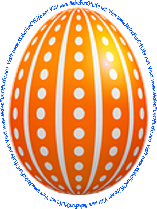 Picture of a decorated Easter egg with white and orange horizontal stripes and white circles along the orange stripes.
