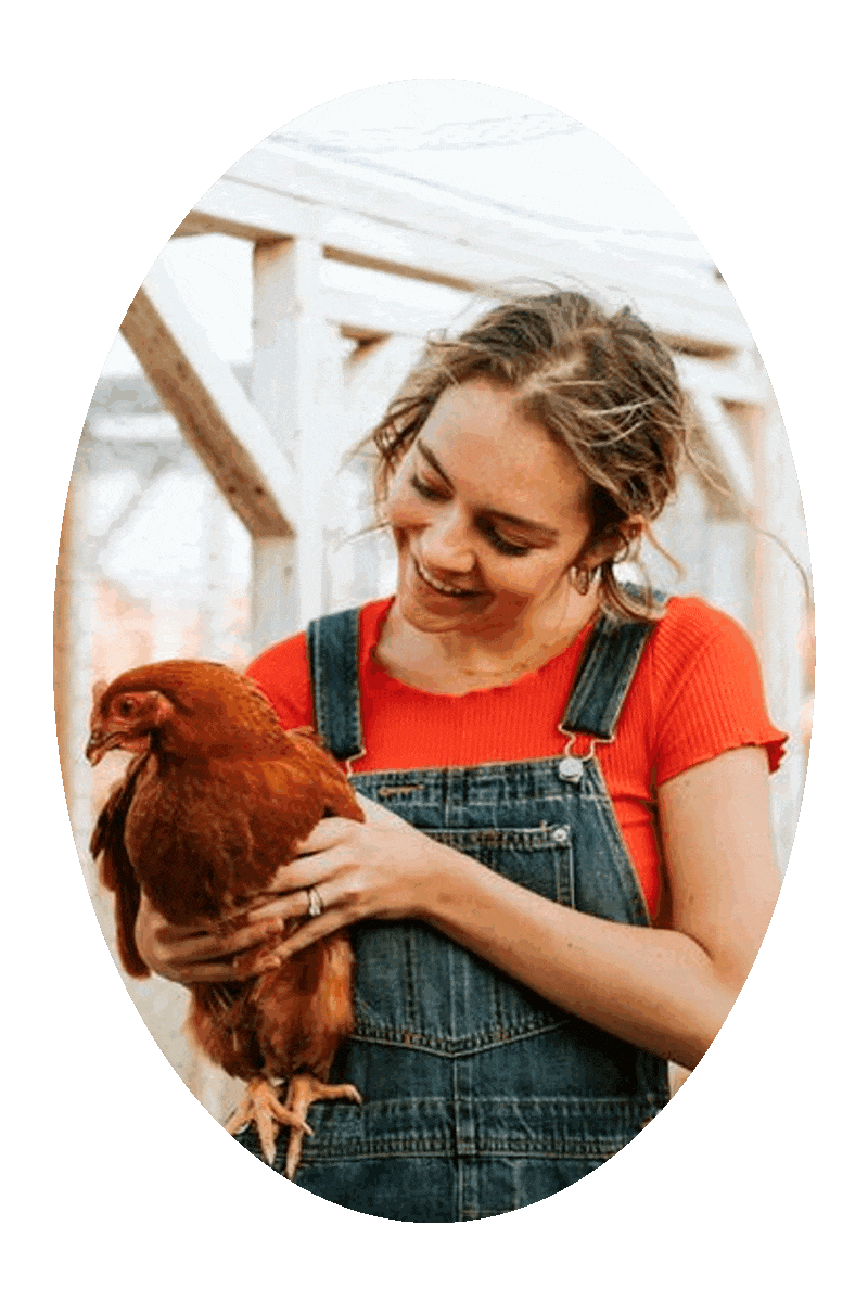 Picture of a happy smiling woman holding a Rhode Island Red chicken.