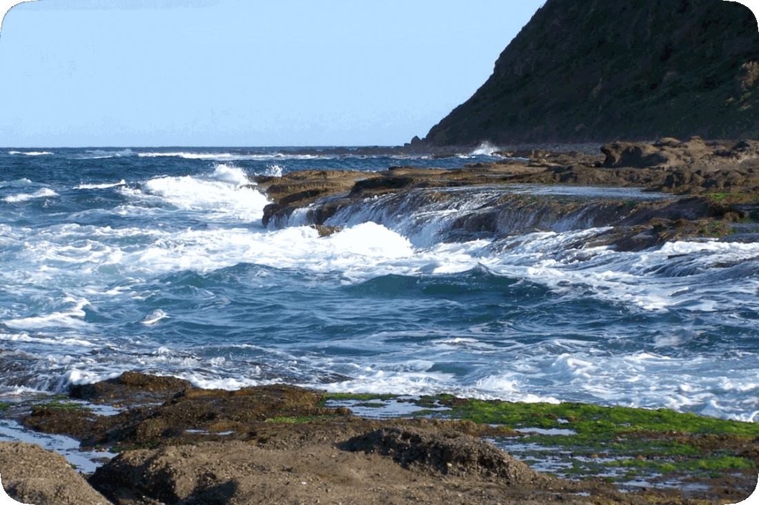 Picture of the sea, with waves washing up onto green seaweed covered brown rocks, and a clear blue sky above .