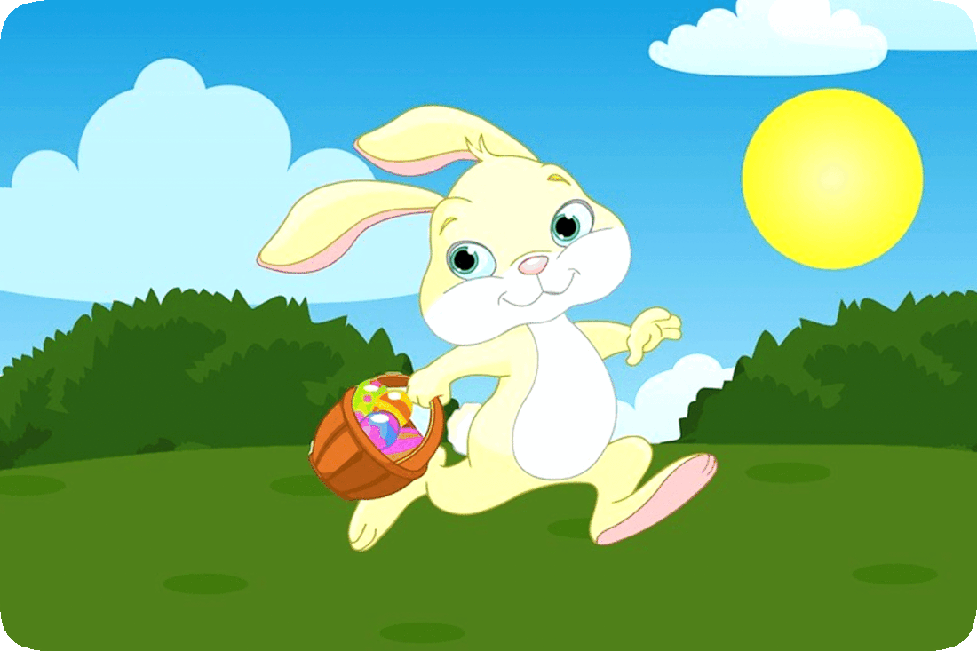 Picture of the Easter Bunny dashing on his way and carrying a basket of colored Easter eggs.
