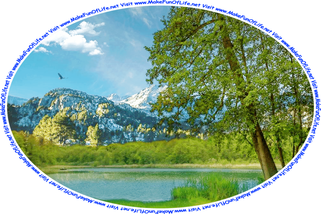 Picture of a lake in a wilderness area surrounded by green grass and green bushes, with trees and snow-covered mountains in the background, a bald eagle flying high in the blue sky overhead, and the words, ‘Visit www.MakeFunOfLife.net.’