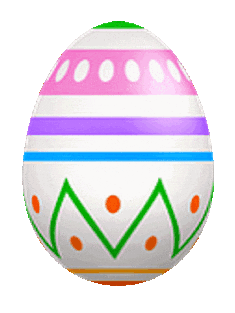 Picture of a decorated Easter egg with one green end, one red end, and orange polka dots, a green zig-zag line, and pink, purple, blue, and yellow lines.